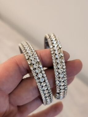 Silver Crystal Hoop Bangles - Sparkling Rhinestone Accents